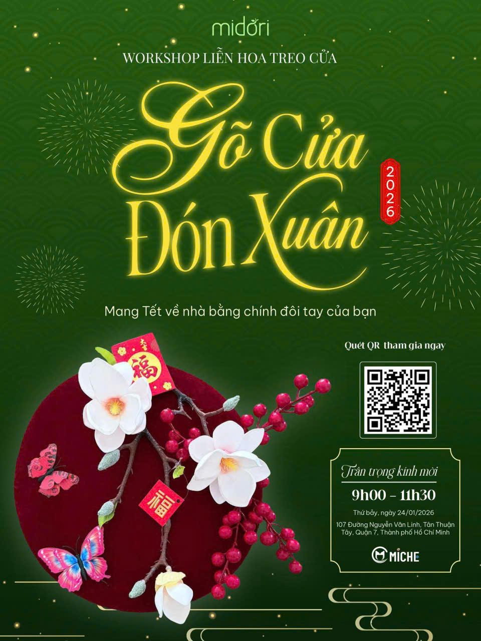 Workshop “Gõ Cửa Đón Xuân 2026” – Trải nghiệm sáng tạo liễn hoa treo cửa cùng Midori
